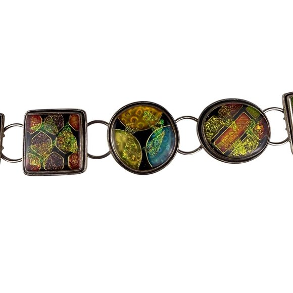 Colorful Dichroic Glass & Metal Bracelet Abstract Charm Design Adjustable - Picture 2 of 4